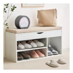 Apicizon Industrial Storage Bench, End of Bed Bench with Padded Seat and Metal Shelf, Shoe Storage Bench for Bedroom, Hallway, Living Room, Entryway, Gray Oak