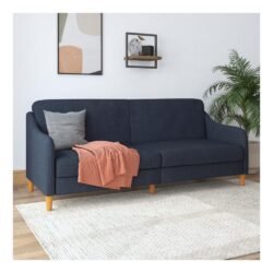 DHP Jasper Linen Upholstered Coil Futon, Multi-Position Back, Converts to Sleeper, Navy Linen