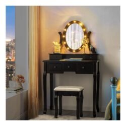 DORTALA Makeup Vanity Table Set, 5 Drawers Dressing Table with 360° Rotating Oval Mirror, Detachable Top, 12 LED Light Bulbs, Multifunctional Girls Dressing Table Set with Vanity Padded Bench for Bedroom, Living Room, Dressing Room, Black