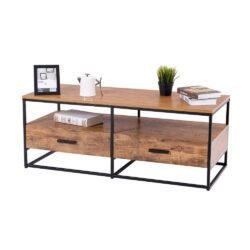 Giantex Coffee Table Two Tiers W/Drawers Storage Metal Solid Frame, Natural Wood Decorative Line Pattern, for Living Room Bedroom Accent Cocktail Sofa Side Table