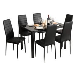 Giantex Kitchen Dining Table Set, Glass Tabletop Dining Room Set with Leather Padded 6 Chairs, Rectangular Modern Metal Frame Table for Dining Room, Kitchen, Dinette, Compact Space, Black
