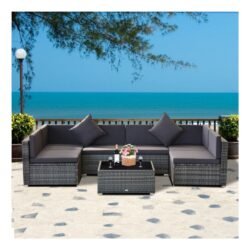 Outsunny 7pc Garden Wicker Sectional Set w/Tea Table Patio Rattan Lounge Sofa with Cushion Outdoor Deck Furniture All Weather Blue