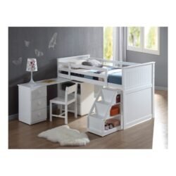 Pemberly Row Loft Bed with Chest and Swivel Desk in White
