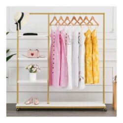 Rolling Gold Clothing Racks on Wheels with Metal Pipes Modern Floor Standing Clothes Display Racks Hanging Clothes 4-Tier Garment Rack with Wood Shelves for Bedroom Living Room Cloth Store 59"