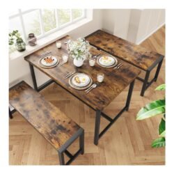 KOTEK Modern Dining Table with 2 Benches, 3 Piece Kitchen Dining Set with Wood Table Top & Metal Frame, Dining Table Set for Kitchen, Small Space (Rustic Brown & Black)