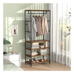 VECELO Hall Trees, Coat Rack Stand 4-in-1 Entry Furniture with Shoe Bench and 4 Side Shelves, 7 Hooks, X-Shape Stable Design for Storage and Dispaly, Metal Frame, Rustic Brown