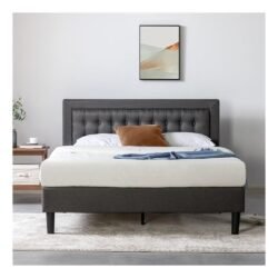 Zinus Upholstered Button Tufted Premium Platform Bed / Strong Wood Slat Support / Dark Grey, King