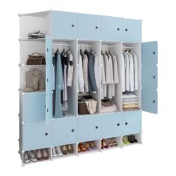 Casual 4-Hanging Locker Wardrobe Shoes-bit Storage Plastic 22-Door 10-Gitter Corner Shelves Clothes Bedroom Home Blue 183X47X201CM MUMUJIN