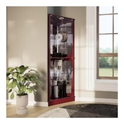 BELLEZE Woody Lighted Corner Curio Cabinet Tempered Glass Door 6 Shelves, Cherry
