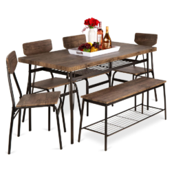Best Choice Products 6-Piece 55in Modern Home Dining Set w/Storage Racks, Rectangular Table, Bench, 4 Chairs - Brown