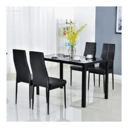 Bonnlo Dining Table Set for 4, Elegant Kitchen Dining Set 5 Pieces Modern Designed Tempered Glass Tabletop with Upholstered Chairs, Black