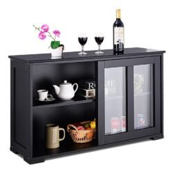 Costzon Kitchen Storage Sideboard, Antique Stackable Cabinet for Home Cupboard Buffet Dining Room (Black Sideboard with Sliding Door Window)
