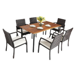 DORTALA 7 Pieces Patio Dining Set, Acacia Wood and Wicker Dining Furniture Set w/ Sturdy Steel Frame, Umbrella Hole, Outdoor Dining Table and 6 Armchairs w/ Removable Cushions for Backyard, Garden, Poolside, White