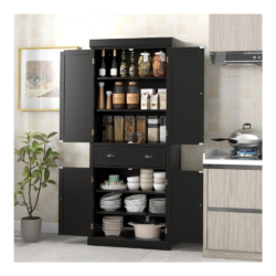 DORTALA 72’’H Freestanding Pantry Cupboard, Wooden Storage Cabinet w/ 4 Adjustable Shelves, Large Drawer, Elegant Design 2-Door Floor Utility Kitchen Cabinet for Living Room, Kitchen, Hallway, Black