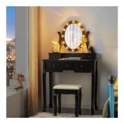 DORTALA Makeup Vanity Table Set, 5 Drawers Dressing Table with 360° Rotating Oval Mirror, Detachable Top, 12 LED Light Bulbs, Multifunctional Girls Dressing Table Set with Vanity Padded Bench for Bedroom, Living Room, Dressing Room, Black