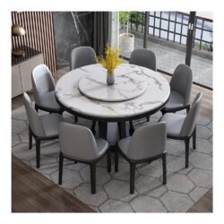 Dining Room Table Set, Marble and Wood Tops Round Rotating Dining Table Set 6 Chairs,New Classic Elegant Faux Marble Top Dining Set with 90 * 90 Rotating Plate,L120