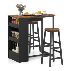 Giantex 3 Piece Pub Dining Set, Wooden Counter Height Table Set with 2 Bar Stools, Industrial Bar Table Set, Sturdy Kitchen Table with Storage for Kitchen, Restaurant, Living Room (Brown)