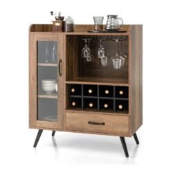 Giantex Buffet Sideboard, Free Standing Wine Cabinet, 8 Bottles Wood Wine Rack, Storage Credenza, 2 Door Pantry Cabinet, Kitchen Dining Room Cupboard, Living Room Open Storage Shelf (White & Walnut)