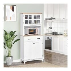 HOMCOM 68''H Traditional Freestanding Kitchen Pantry Cabinet Cupboard with Framed Glass Door, Kitchen Buffet and Hutch Wooden Storage Sideboard with Microwave Counter, White