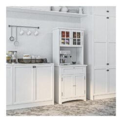 HOMCOM Kitchen Buffet Hutch Wooden Storage Cupboard with Framed Glass Door, Drawer and Microwave Space, White