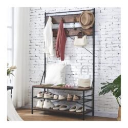 Hombazaar 3-in-1 Entryway Coat Shoe Rack, Entry Hall Tree Bench with 3 Tier Storage Shelves, Wood Furniture with Metal Frame, 7 Hooks for Garment Coats Hats Keys Umbrella Rack