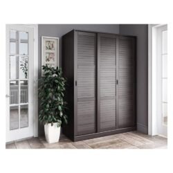 Palace Imports 100% Solid Wood Wardrobe with 3 Sliding Louvered Doors, Java. 5 Shelves Included. Additional Large Shelves Sold Separately.