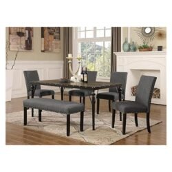 Roundhill Furniture Biony 6-Piece Wood Dining Set with Nailhead Chairs and Bench, Tan