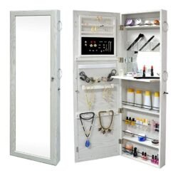 SortWise ® Lockable Door Mounted Jewelry Cosmetic Mirror Cabinet Chest Armoire Wardrobe Storage Organizer, with Lock & Mirrored Door for Bedroom Home, White (Door Mounted)