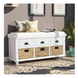 Storage Bench Entryway Bench Shoe Bench with Storage and Cushion and 3 Drawers and 3 Baskets for Living Room and Bedroom (White)