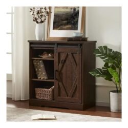 WAMPAT Modern Farmhouse Sliding Single Slat Door Storage Console Cabinet Sideboard Buffet Serving Console Entryway Table for Home Living Room, Bathroom, White & Oak