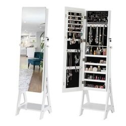 YOKUKINA Jewelry Cabinet Armoire, Large Storage Lockable Organizer with Frameless Free Standing Dressing Mirror (White)