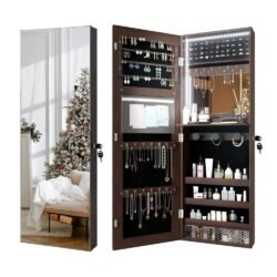 Jajov 42.5”H Wall/Door Mounted Jewelry Armoire with Full Length Mirror, 3 Color Modes LED Lights Jewelry Cabinet, Large Capacity Lockable Storage Organizer, 2 Acrylic Drawers (White)